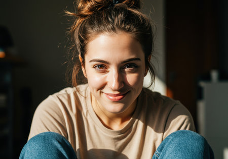 Portrait of a smiling millennial woman in casual settingの素材