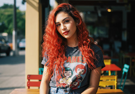 Stylish young woman with red hair and graphic t-shirt in urban settingの素材