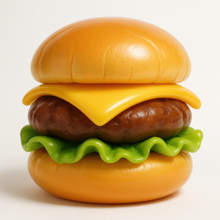 Realistic plastic toy burger with cheese, lettuce, and bun layers on white background.の素材