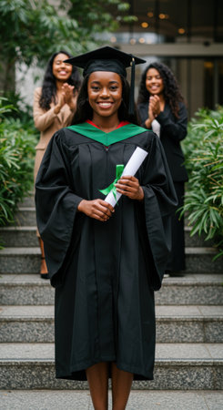 Confident graduate celebrating achievement with diploma on university steps.の素材