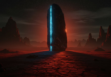 Mysterious monolith glowing amidst alien landscape at night.の素材