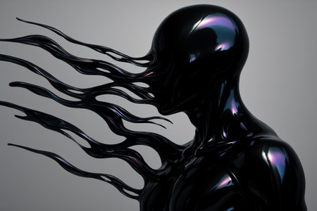 Futuristic metallic figure with flowing iridescent elements on minimalist background.の素材