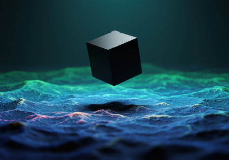 Floating black cube above vibrant iridescent ocean waves in mysterious atmosphere.の素材