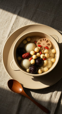 Traditional chinese dessert with lotus seeds and red dates in sunlit bowl on linen tablecloth.の素材