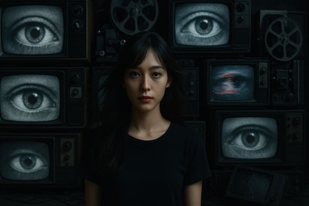Woman standing against vintage tvs displaying eyes in dark surreal setting.の素材