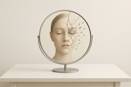 Surreal reflection of cracked mirror and woman's face with floating leaves.の素材