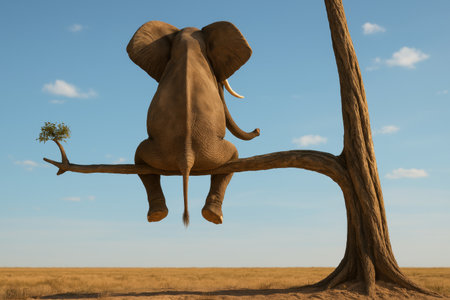 Elephant sitting on branch in surreal landscape under blue sky with sparse clouds.の素材