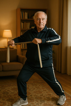 Elderly man practicing home fitness with resistance band in cozy living room setting.の素材