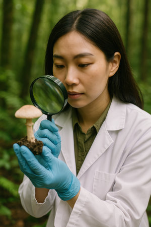 Scientist examining mushroom with magnifying glass in forest for fungal research study.の素材