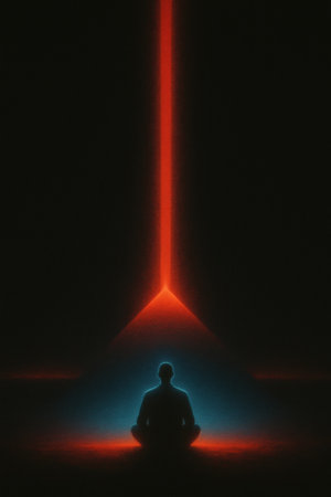 Futuristic meditation: silhouette beneath red laser pyramid in dark space.の素材