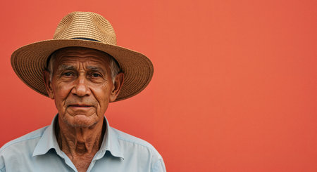 Elderly man in straw hat against vibrant orange background.の素材