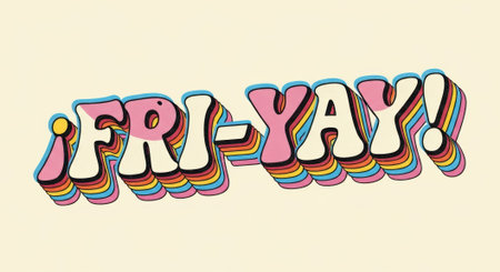 Colorful retro typography design celebrating the joy of friday with rainbow layers.の素材