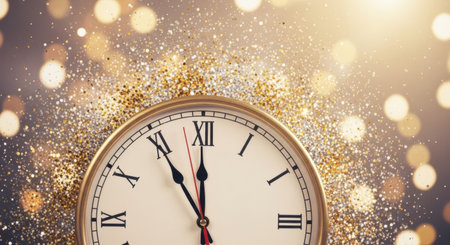 Golden clock with sparkling glitter background for new year's celebration concept.の素材