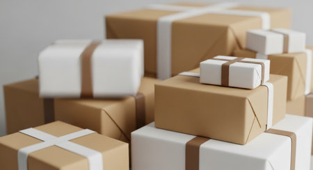 Wrapped gifts with white and brown ribbons in minimalist style. High quality illustrationの素材