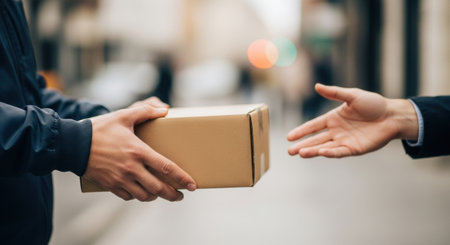 Hand-to-hand parcel delivery in urban setting. High quality illustrationの素材