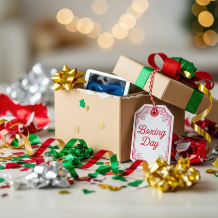 Festive boxing day gift box with ribbons and decorations amidst holiday celebration. High quality illustrationの素材