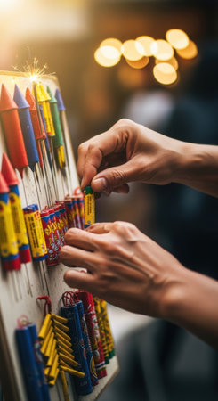 Hands arranging vibrant fireworks on display board with bokeh lights in the background. High quality illustrationの素材