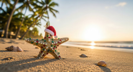 Festive starfish with santa hat on tropical beach at sunrise. High quality illustrationの素材