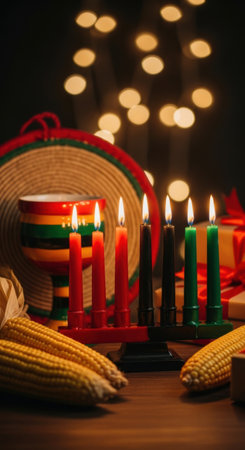 Vibrant kwanzaa celebration with kinara candles and traditional symbols. High quality illustrationの素材
