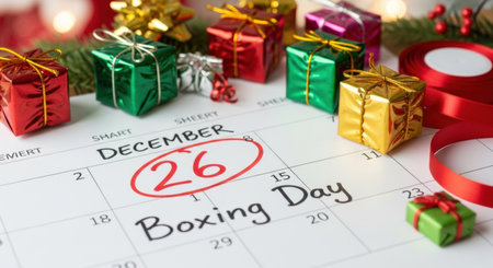 Colorful gift boxes on december calendar marked for boxing day celebration. High quality illustrationの素材