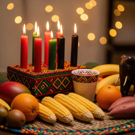 Kwanzaa celebration: traditional kinara with fruits and vegetables in festive decor. High quality illustrationの素材