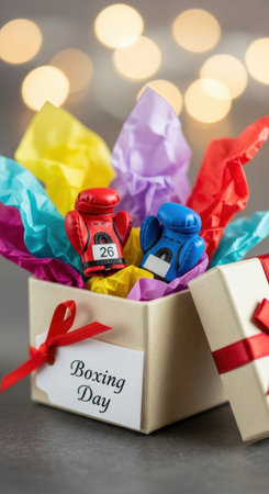 Boxing day celebration gift box with colorful gloves and festive lights. High quality illustrationの素材