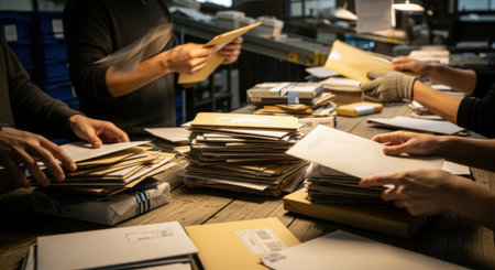 Efficient mail sorting in a busy postal service center. High quality illustrationの素材