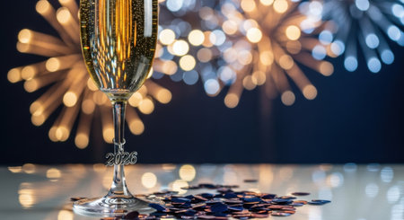 Celebratory champagne with bokeh and festive fireworks background for 2025 new year. High quality illustrationの素材