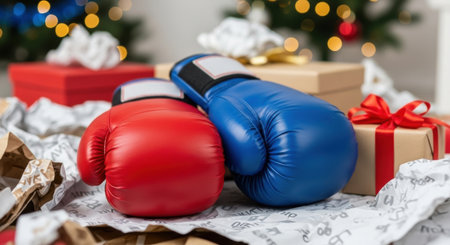 Festive boxing gloves amidst holiday gifts and wrapping paper. High quality illustrationの素材