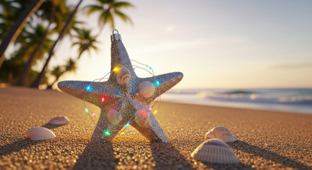 Tropical holiday vibes: starfish ornament with shells and lights on sunset beach. High quality illustrationの素材