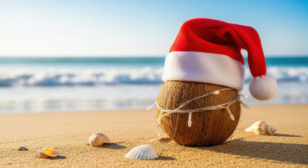 Festive coconut on sandy beach with santa hat and seashells by the ocean. High quality illustrationの素材