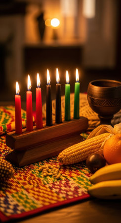 Kwanzaa candle arrangement with seasonal fruits and vibrant woven placemat. High quality illustrationの素材