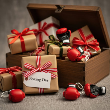 Boxing day concept with gift boxes and boxing glove ornaments on wooden surface. High quality illustrationの素材