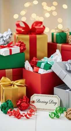 Colorful boxing day gift boxes with bows and wrapping paper against festive lights. High quality illustrationの素材