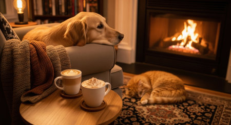 Cozy winter evening with dog and cat by the fireplace. High quality illustrationの素材