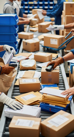 Efficient parcel sorting in a modern warehouse with active workers. High quality illustrationの素材