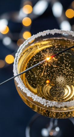 Festive drink sparking with fireworks and bokeh lights in celebration. High quality illustrationの素材