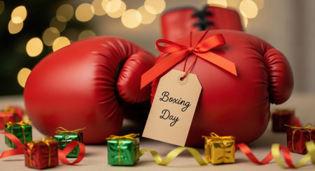 Festive boxing day celebration with red gloves and holiday gifts in bokeh background. High quality illustrationの素材