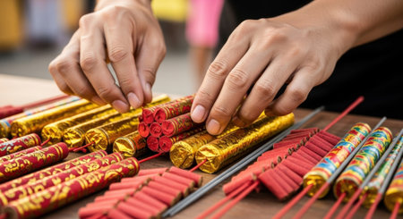 Hands arranging traditional firecrackers for a festive celebration display on a wooden table. High quality illustrationの素材