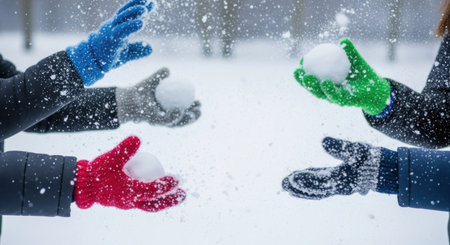 Vibrant winter mittens throwing snowballs in a playful snowy scene. High quality illustrationの素材