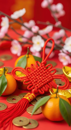 Chinese new year celebrations with lucky knot and mandarin oranges on festive red background. High quality illustrationの素材