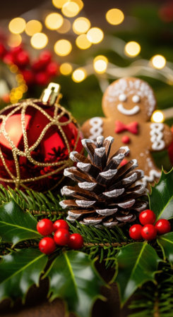 Festive christmas decorations with pinecone, gingerbread, and red bauble amidst holly and lights. High quality illustrationの素材