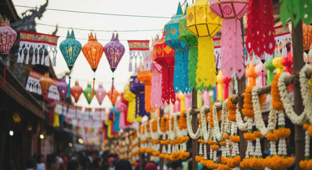 Colorful lanterns and floral garlands adorning a festive street market. High quality illustrationの素材