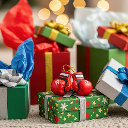 Festive christmas boxing gloves ornament with decorated gift boxes. High quality illustrationの素材