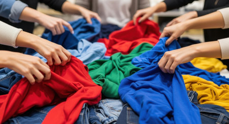 Diverse hands grabbing colorful clothes from a pile in a busy clothing store. High quality illustrationの素材