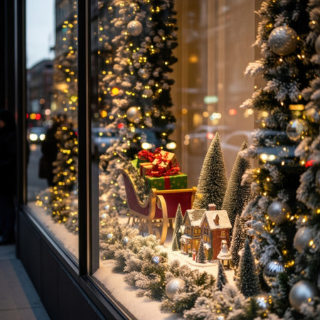 Festive holiday window display with snowy christmas trees and miniature village. High quality illustrationの素材