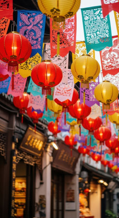 Colorful lanterns and festive banners adorn vibrant street in traditional asian market. High quality illustrationの素材