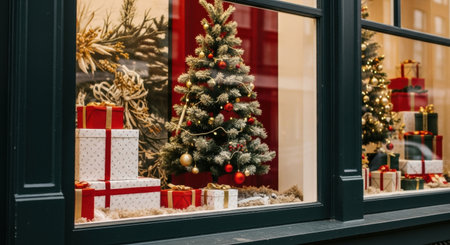 Festively decorated storefront display with christmas tree and wrapped gifts. High quality illustrationの素材