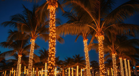 Tropical palm trees with twinkling lights at night in a festive paradise setting. High quality illustrationの素材