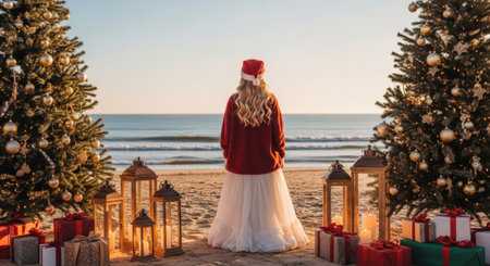 Festive beach scene: woman in santa hat by christmas trees on a coastal holiday morning. High quality illustrationの素材